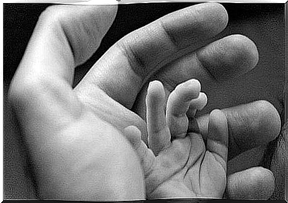 A baby hand in an adult hand.