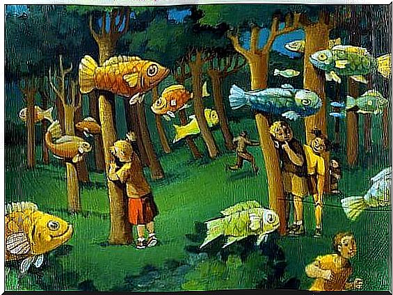 Children in a forest with flying fish