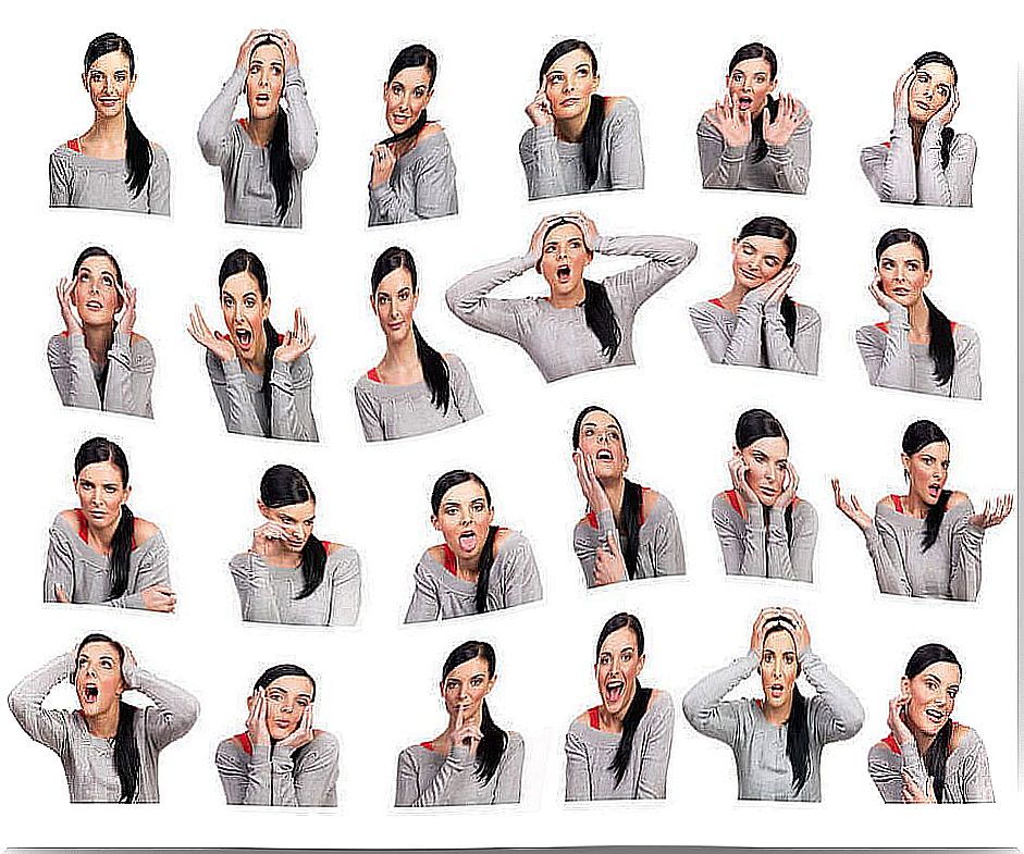 Emotions expressed with face and movements.