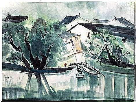 Watercolor painting of houses located by a river