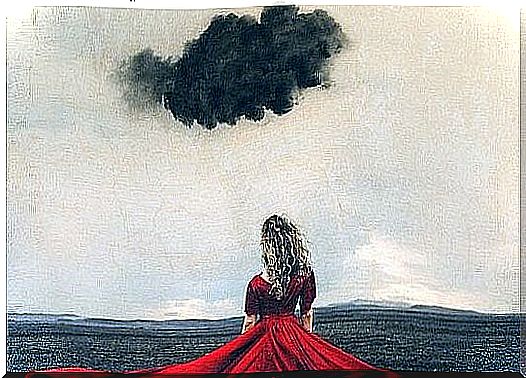 Woman under black cloud