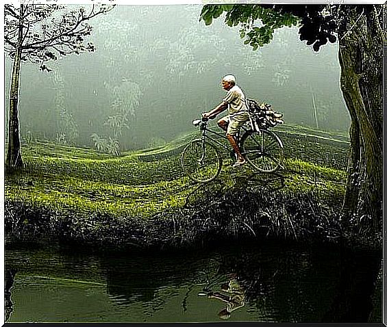 You can do it: an elderly man cycling by a pond.